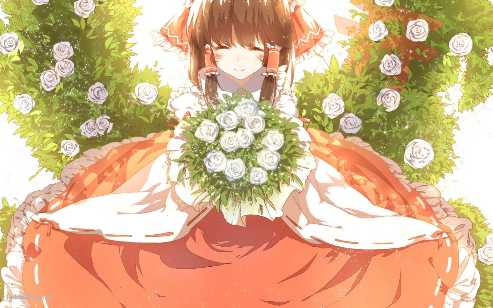 笑顔で白い薔薇の花束を持つ博麗霊夢 / 東方の壁紙(1680px x 1050px) 高画質 PC・デスクトップ用