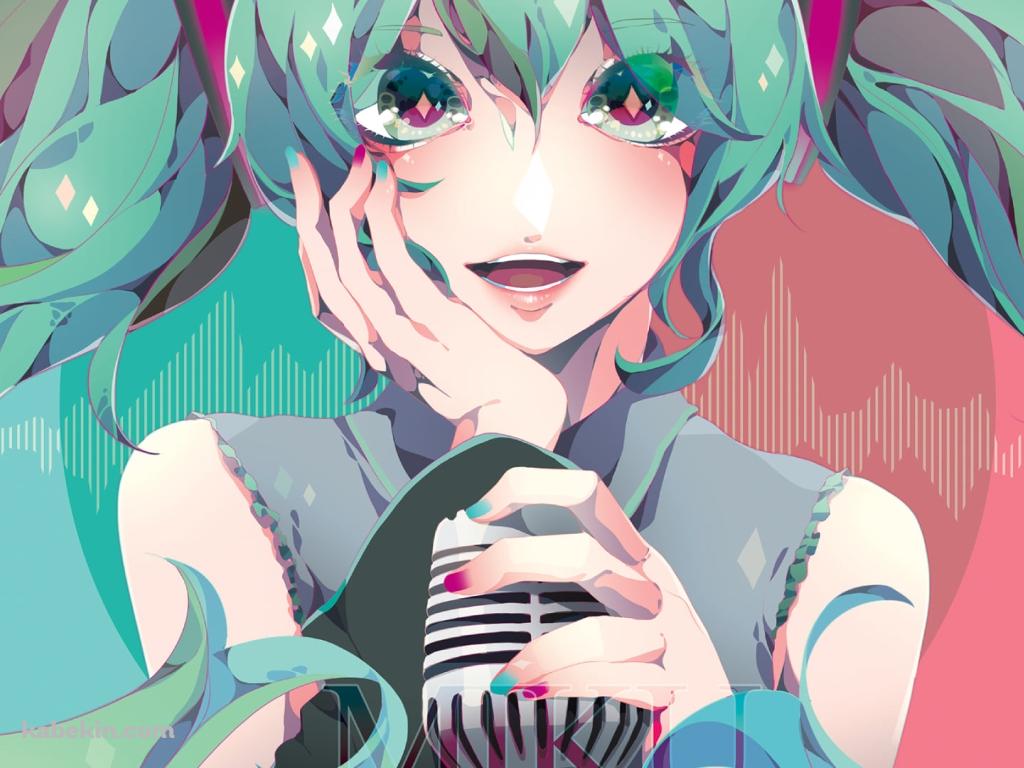 マイクに左手をかけ頬に右手をあてる初音ミク / ボーカロイドの壁紙(1024px x 768px) 高画質 PC・デスクトップ用