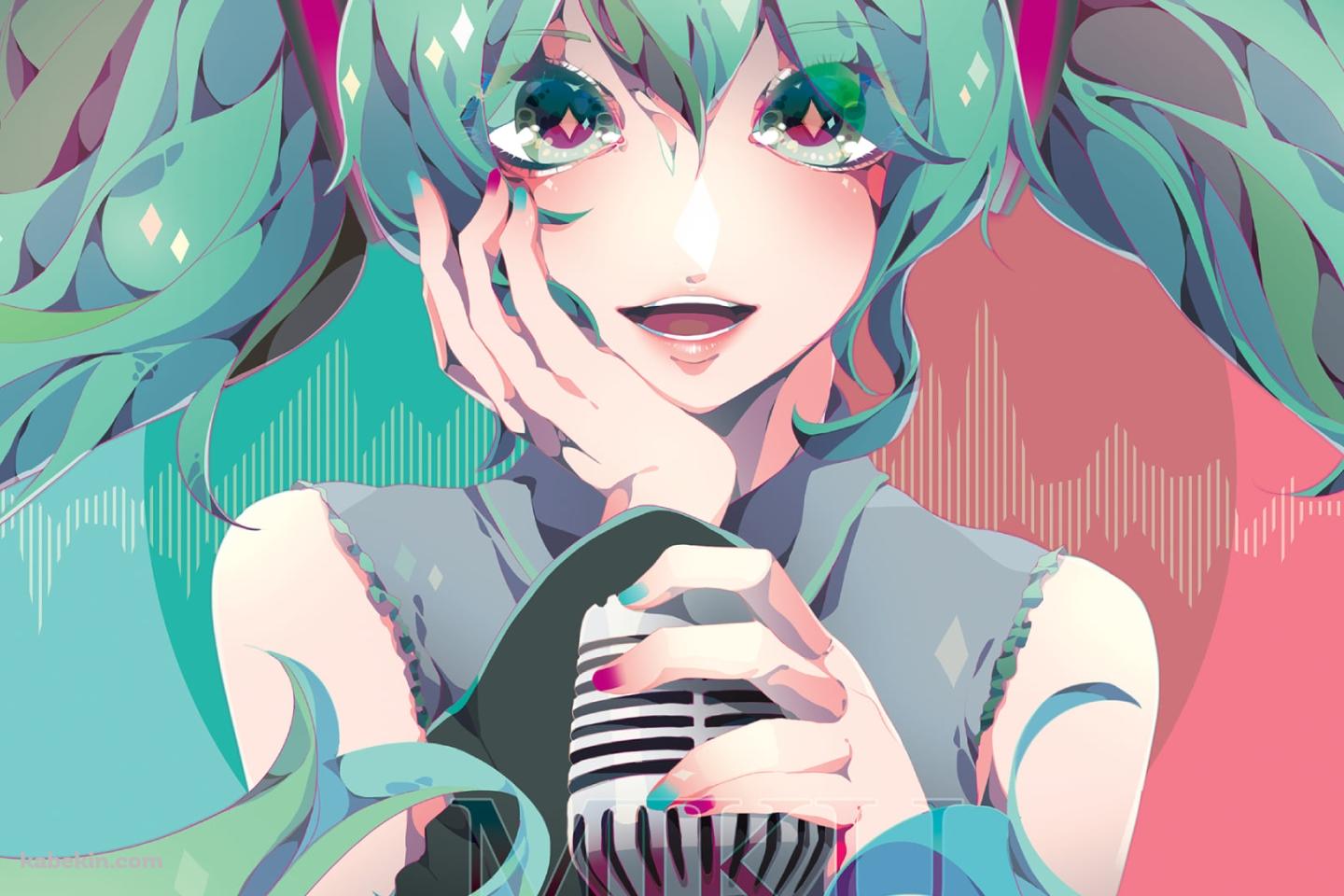 マイクに左手をかけ頬に右手をあてる初音ミク / ボーカロイドの壁紙(1440px x 960px) 高画質 PC・デスクトップ用