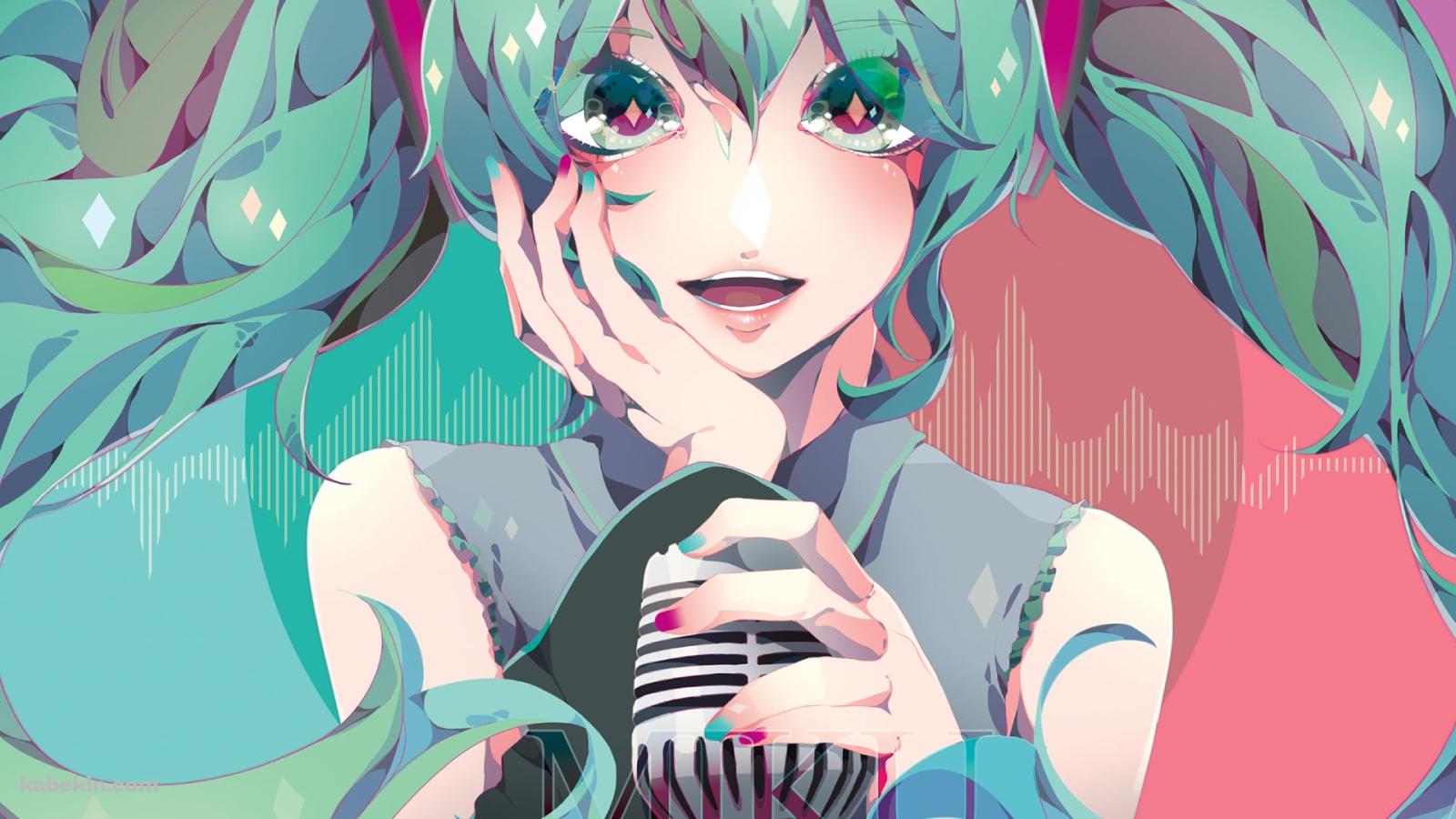 マイクに左手をかけ頬に右手をあてる初音ミク / ボーカロイドの壁紙(1600px x 900px) 高画質 PC・デスクトップ用