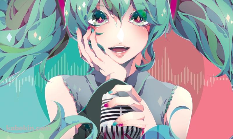 マイクに左手をかけ頬に右手をあてる初音ミク / ボーカロイドの壁紙(800px x 480px) 高画質 PC・デスクトップ用
