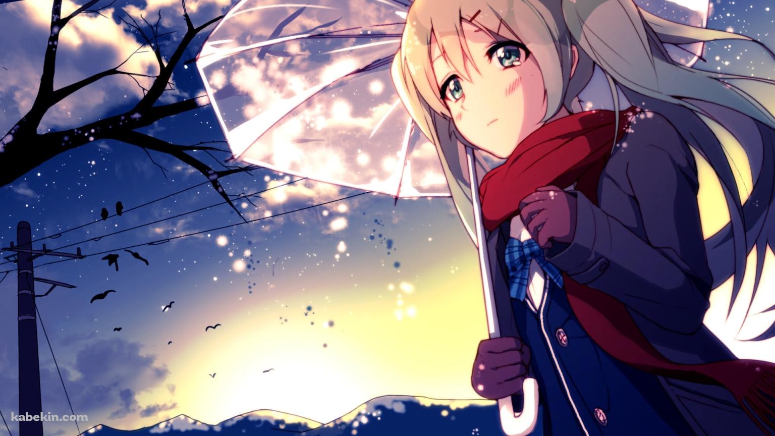 ビニール傘をさす赤いマフラーをした初音ミク / ボーカロイドの壁紙(1536px x 864px) 高画質 PC・デスクトップ用