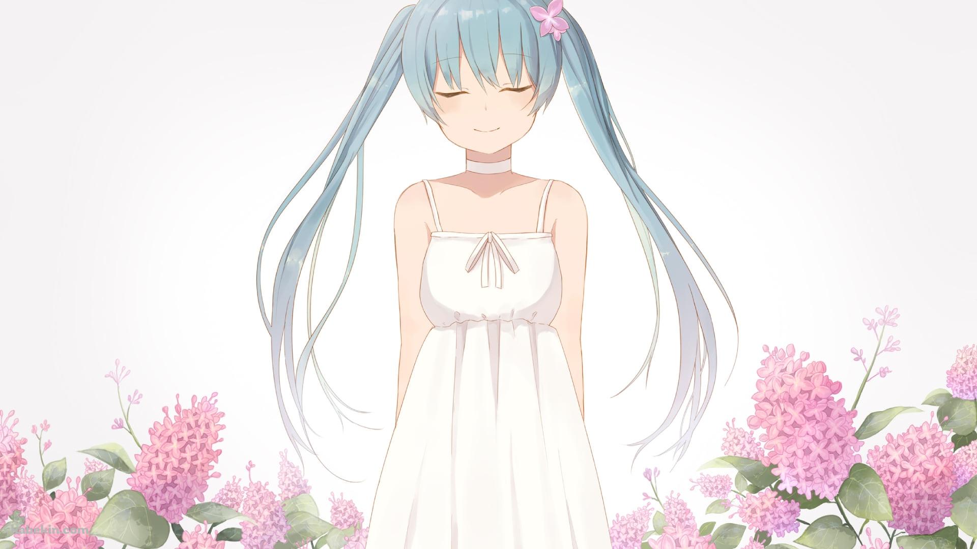 ピンクの花に囲まれて目をつぶる初音ミク / ボカロの壁紙(1920px x 1080px) 高画質 PC・デスクトップ用