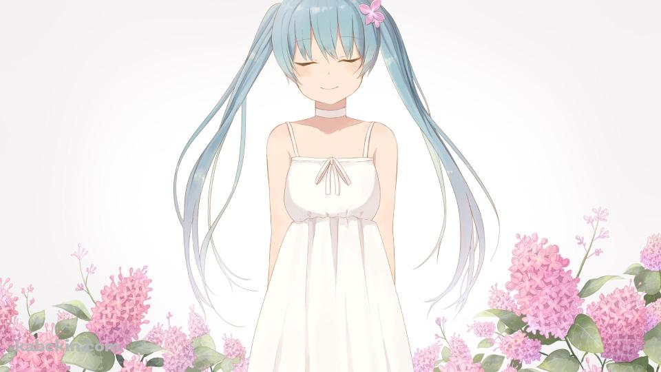 ピンクの花に囲まれて目をつぶる初音ミク / ボカロの壁紙(960px x 540px) 高画質 PC・デスクトップ用