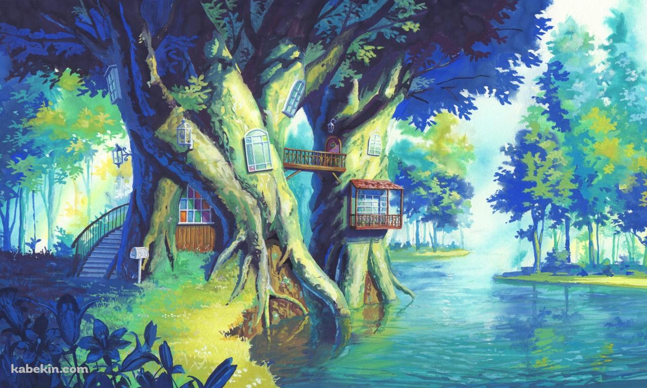 森の中の湖近くの木の家の壁紙(1280px x 768px) 高画質 PC・デスクトップ用