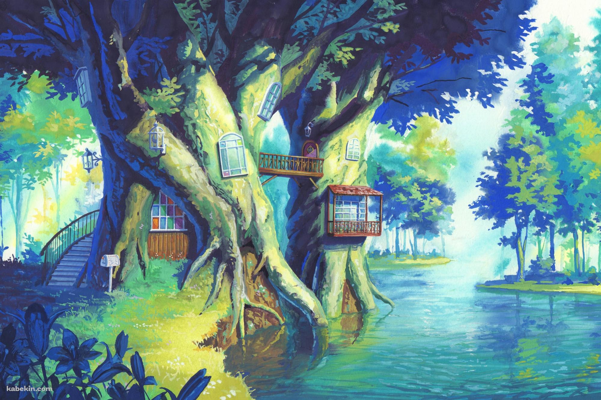 森の中の湖近くの木の家の壁紙(2000px x 1333px) 高画質 PC・デスクトップ用
