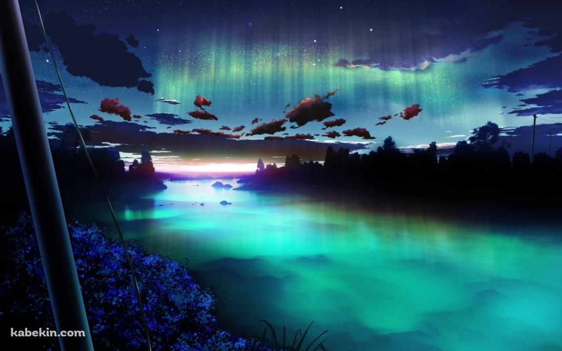 緑に光る川と青い花とオーロラの壁紙(1152px x 720px) 高画質 PC・デスクトップ用