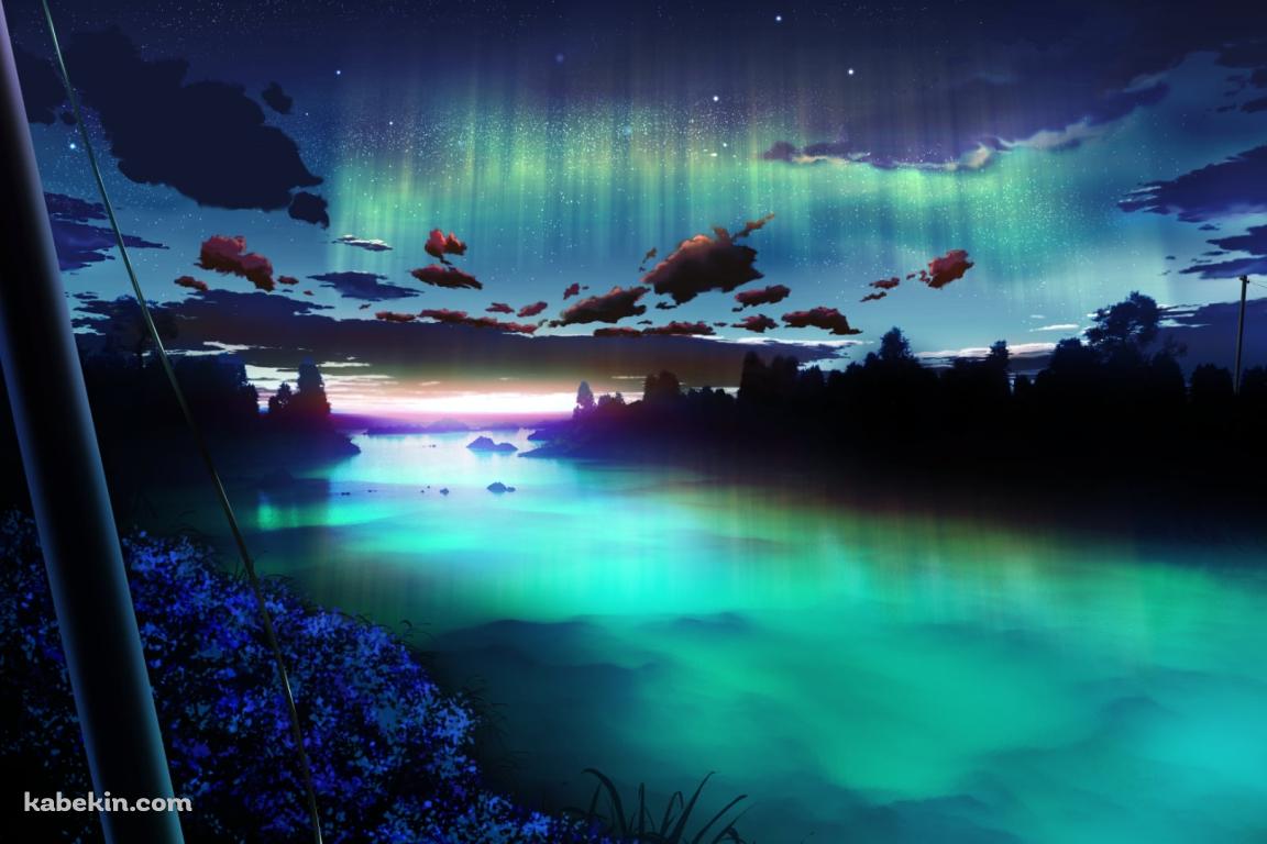緑に光る川と青い花とオーロラの壁紙(1152px x 768px) 高画質 PC・デスクトップ用