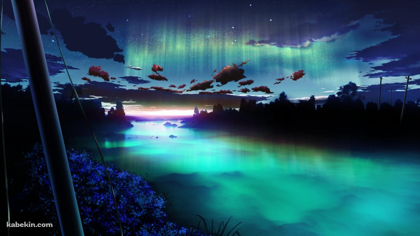 緑に光る川と青い花とオーロラの壁紙(1391px x 783px) 高画質 PC・デスクトップ用