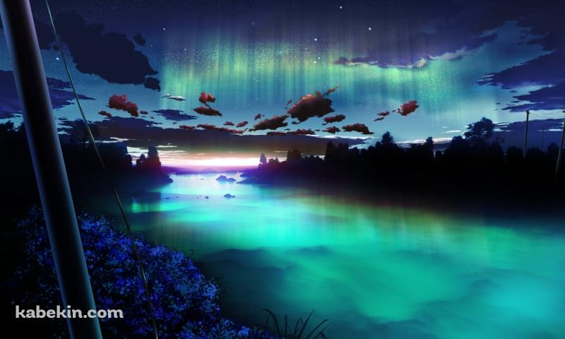 緑に光る川と青い花とオーロラの壁紙(800px x 480px) 高画質 PC・デスクトップ用