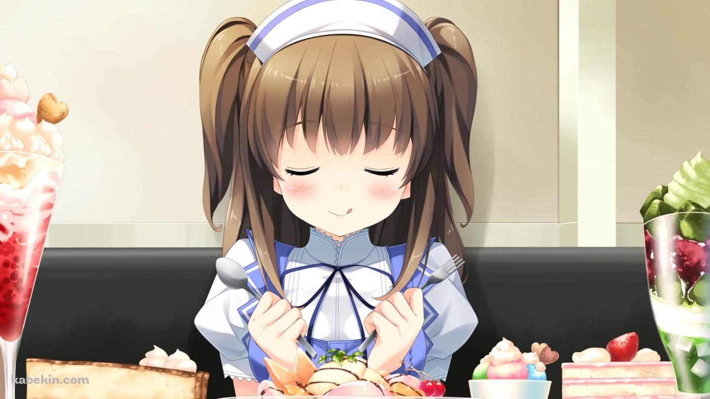 スイーツの前でスプーンとフォークを持って目をつぶる宝交祐佳 / ベリーズの壁紙(1391px x 783px) 高画質 PC・デスクトップ用