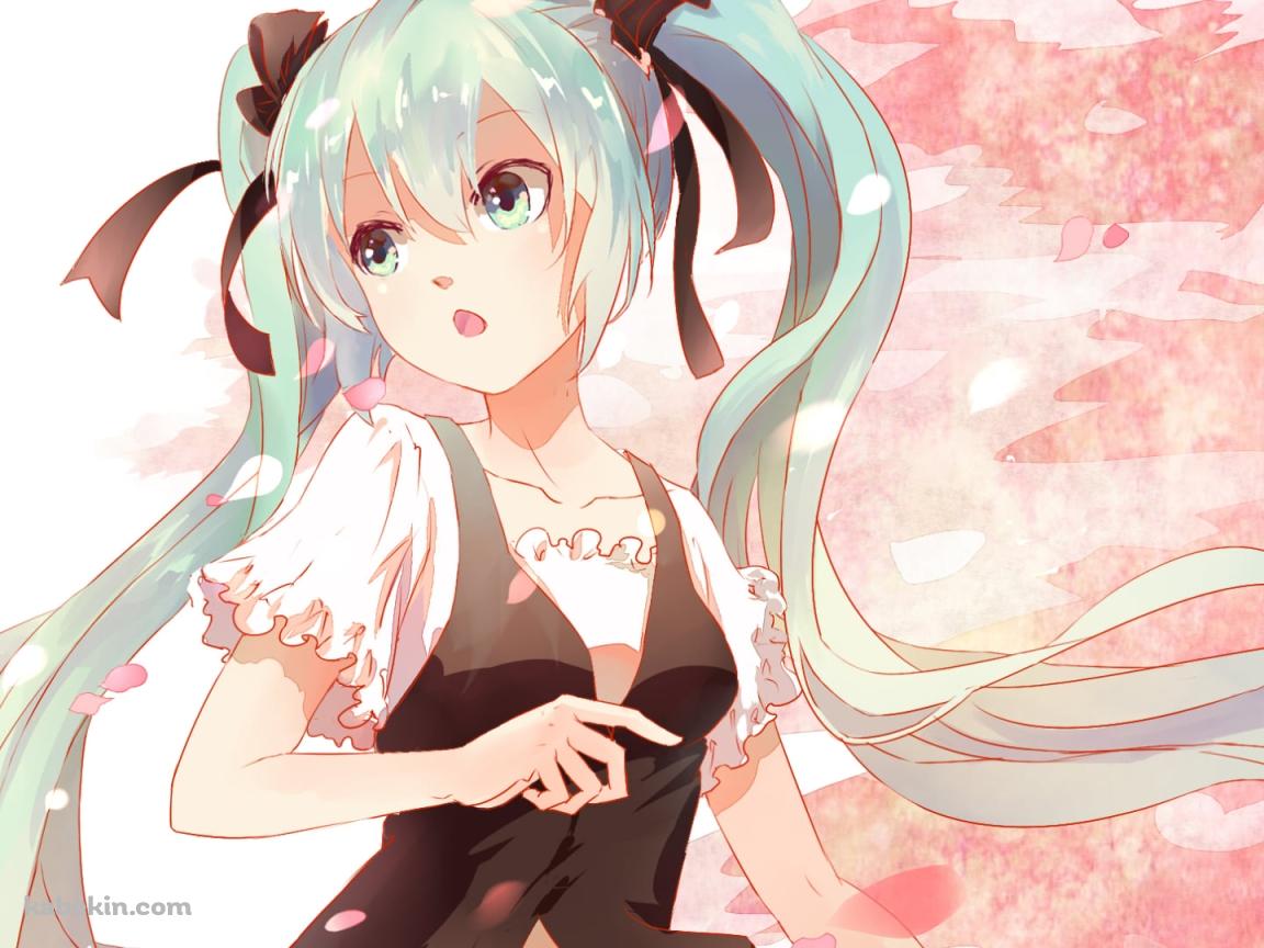 舞い散る桜とツインテールの初音ミク / 黒いリボン / ボカロの壁紙(1152px x 864px) 高画質 PC・デスクトップ用