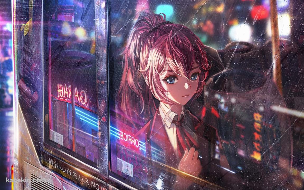 雨の日、バスに乗り泣いているポニーテールの少女の壁紙(1152px x 720px) 高画質 PC・デスクトップ用