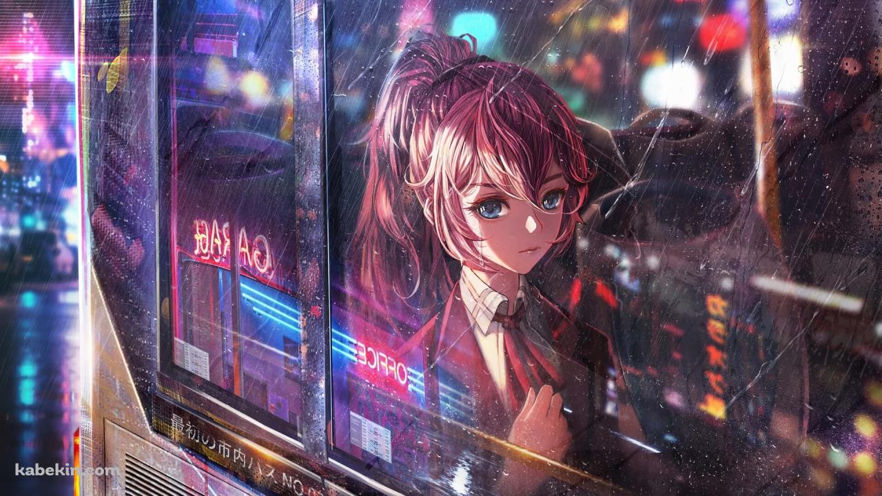 雨の日、バスに乗り泣いているポニーテールの少女の壁紙(1280px x 720px) 高画質 PC・デスクトップ用
