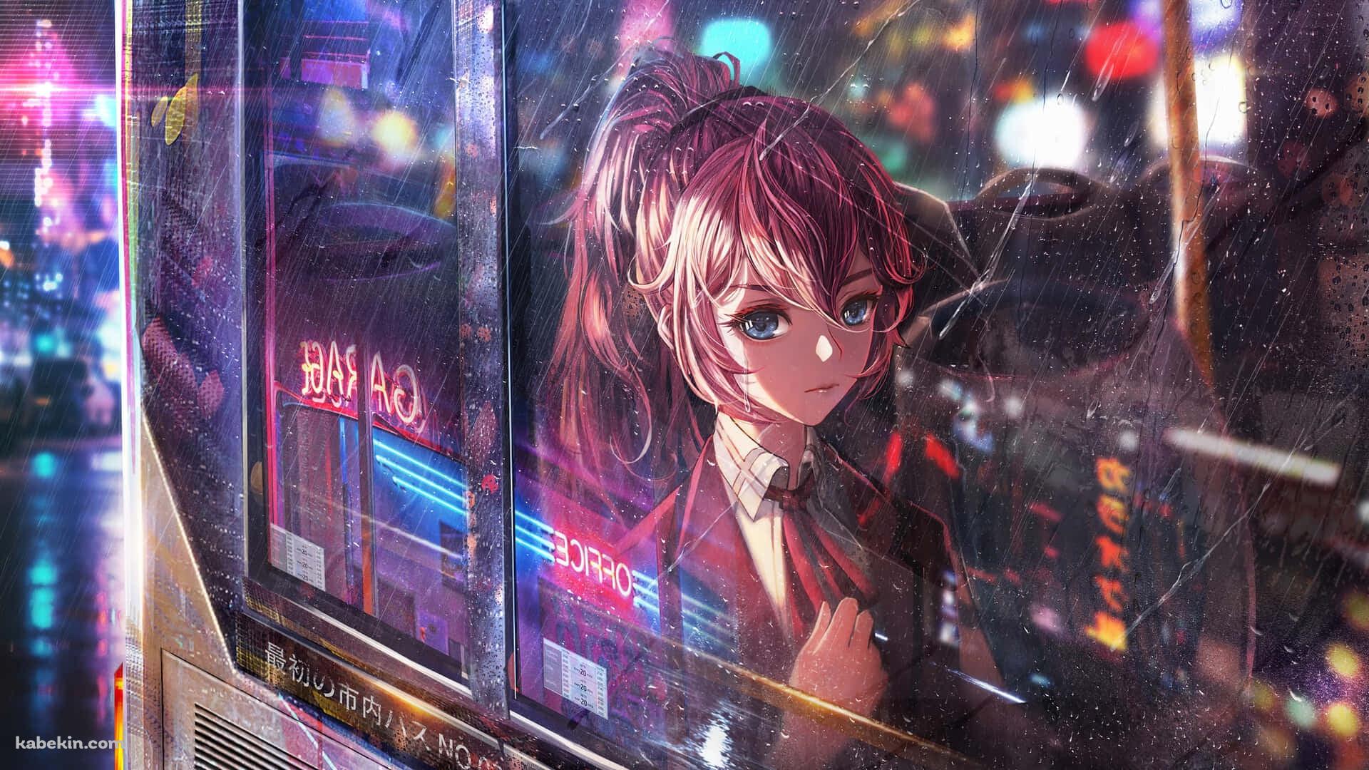 雨の日、バスに乗り泣いているポニーテールの少女の壁紙(1920px x 1080px) 高画質 PC・デスクトップ用