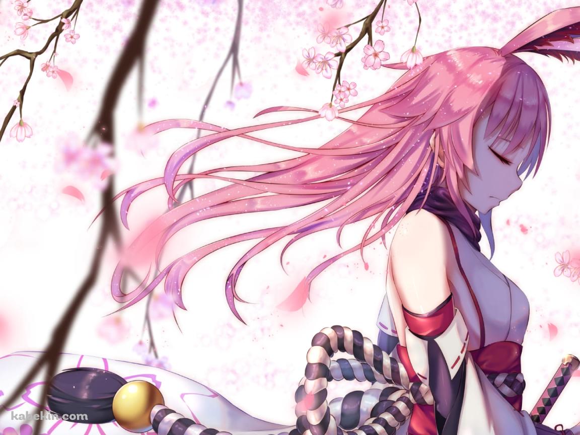 桜の花の下で目をつぶる八重桜 / 崩壊学園の壁紙(1152px x 864px) 高画質 PC・デスクトップ用
