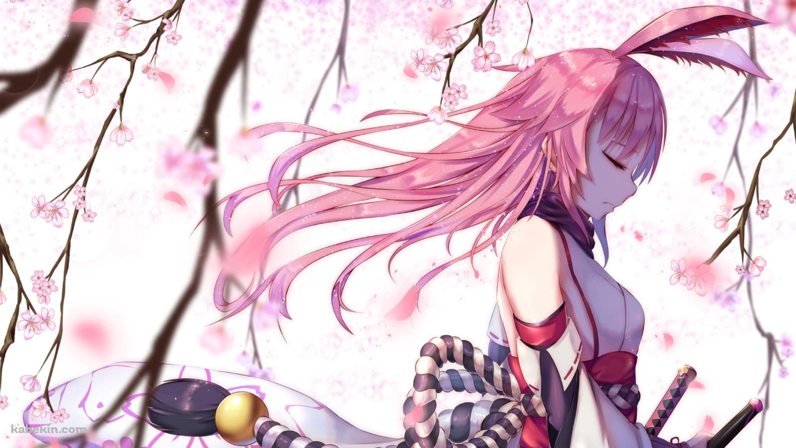 桜の花の下で目をつぶる八重桜 / 崩壊学園の壁紙(1600px x 900px) 高画質 PC・デスクトップ用