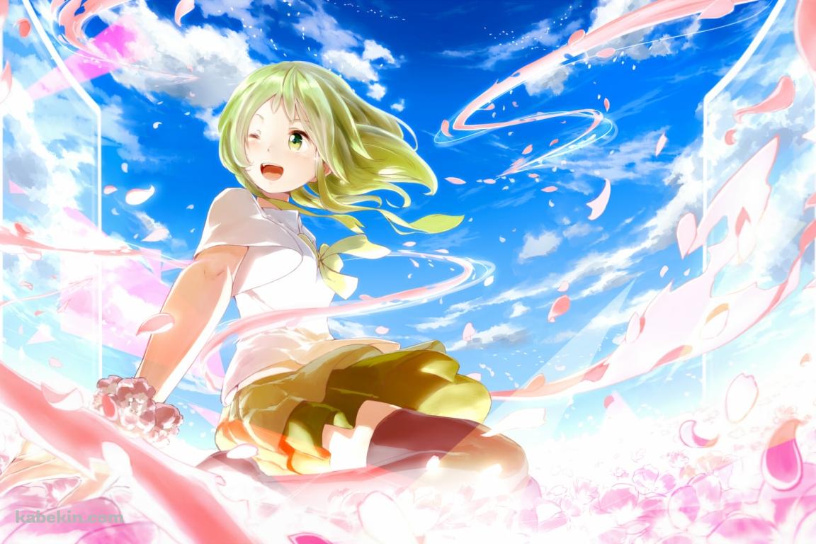 ピンクの花と青空と片目をつぶるGUMI / ボカロの壁紙(1152px x 768px) 高画質 PC・デスクトップ用