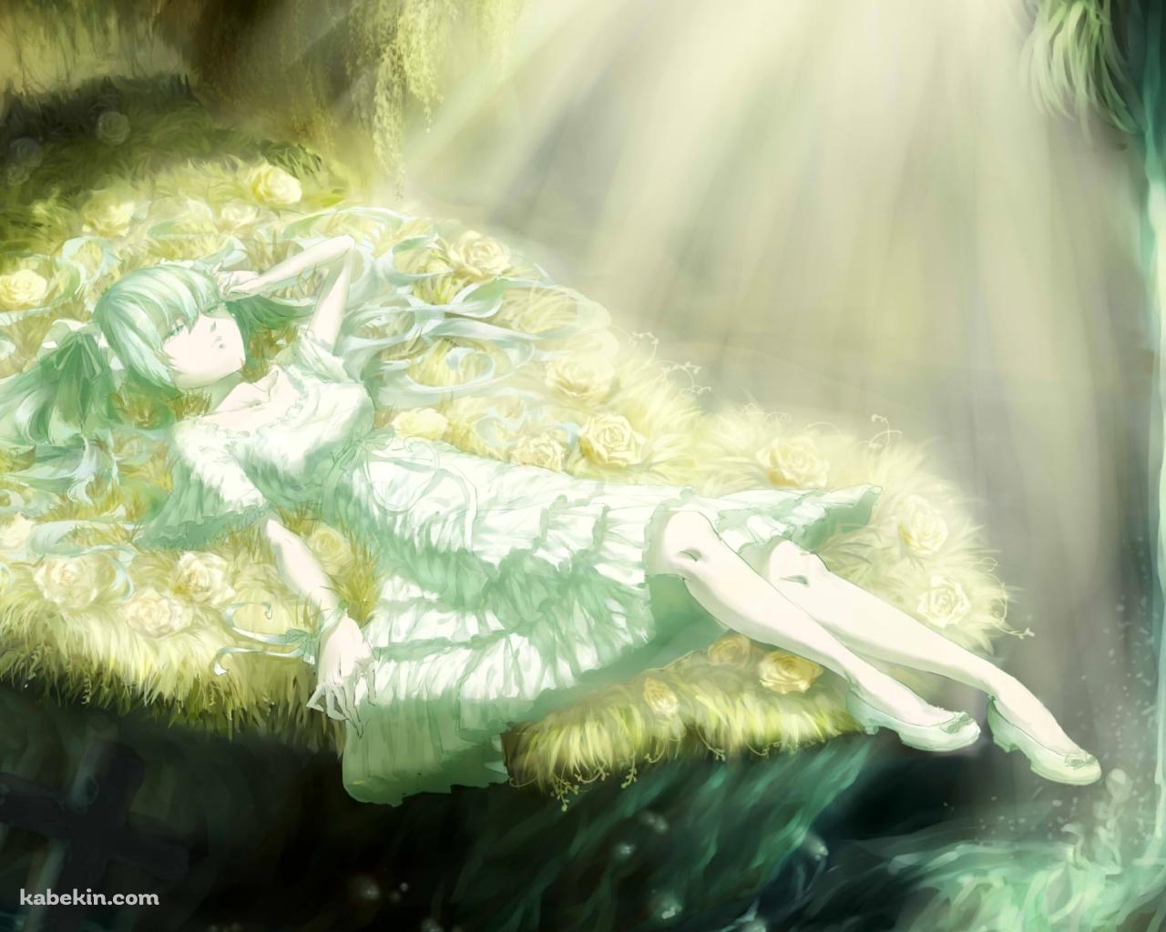 滝の近くで寝る初音ミク / ボカロの壁紙(1280px x 1024px) 高画質 PC・デスクトップ用