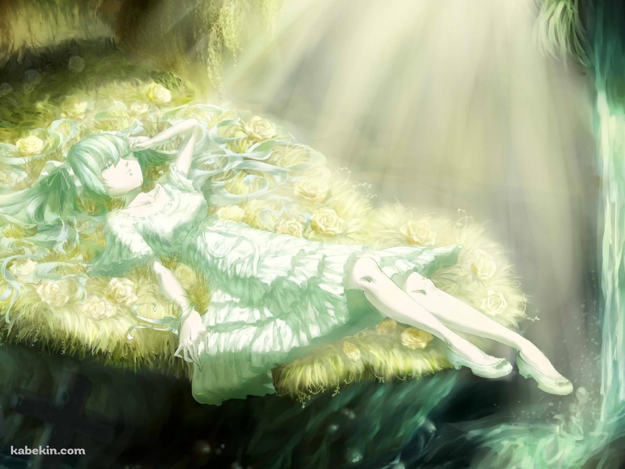 滝の近くで寝る初音ミク / ボカロの壁紙(1280px x 960px) 高画質 PC・デスクトップ用