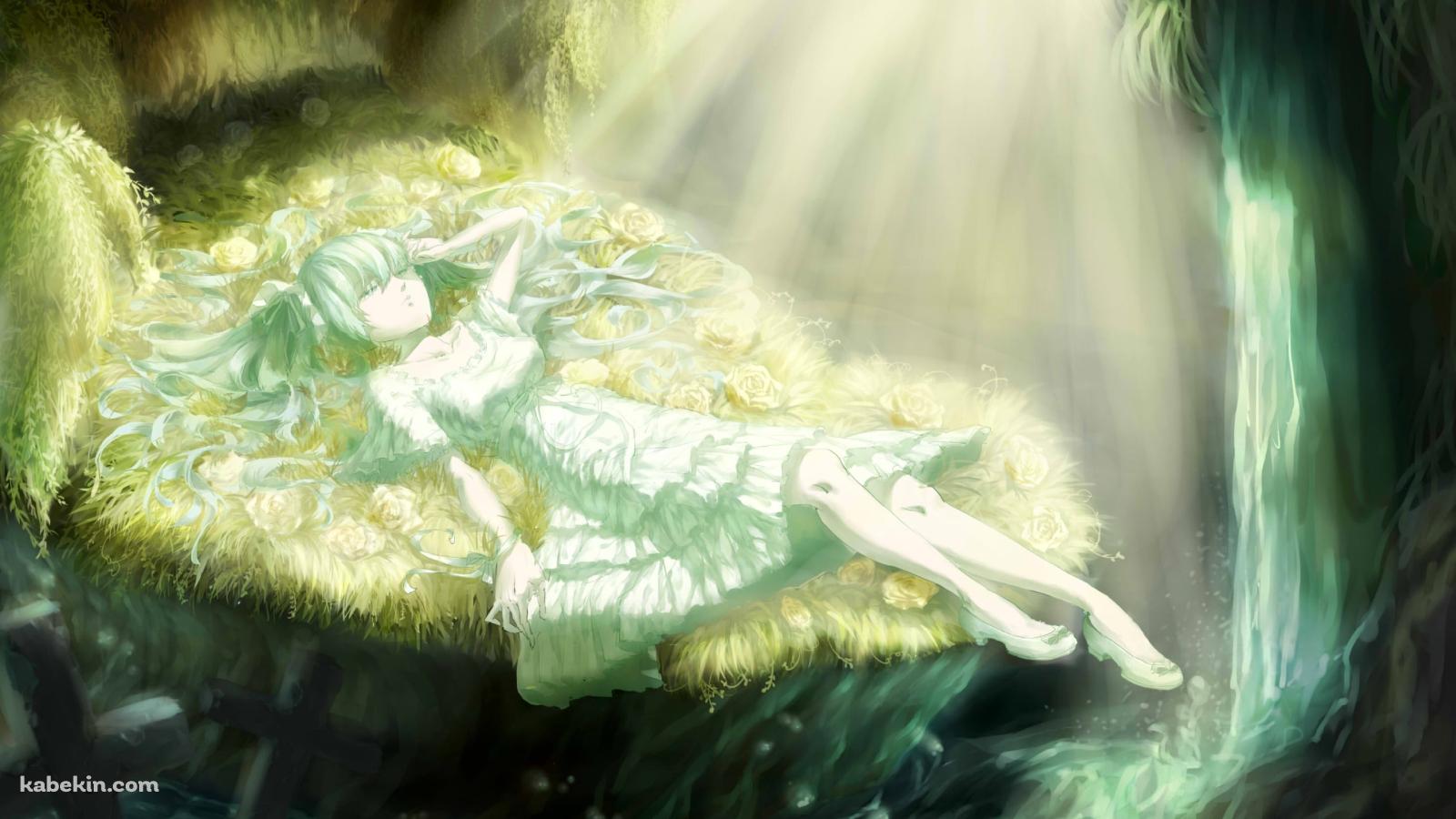 滝の近くで寝る初音ミク / ボカロの壁紙(1600px x 900px) 高画質 PC・デスクトップ用