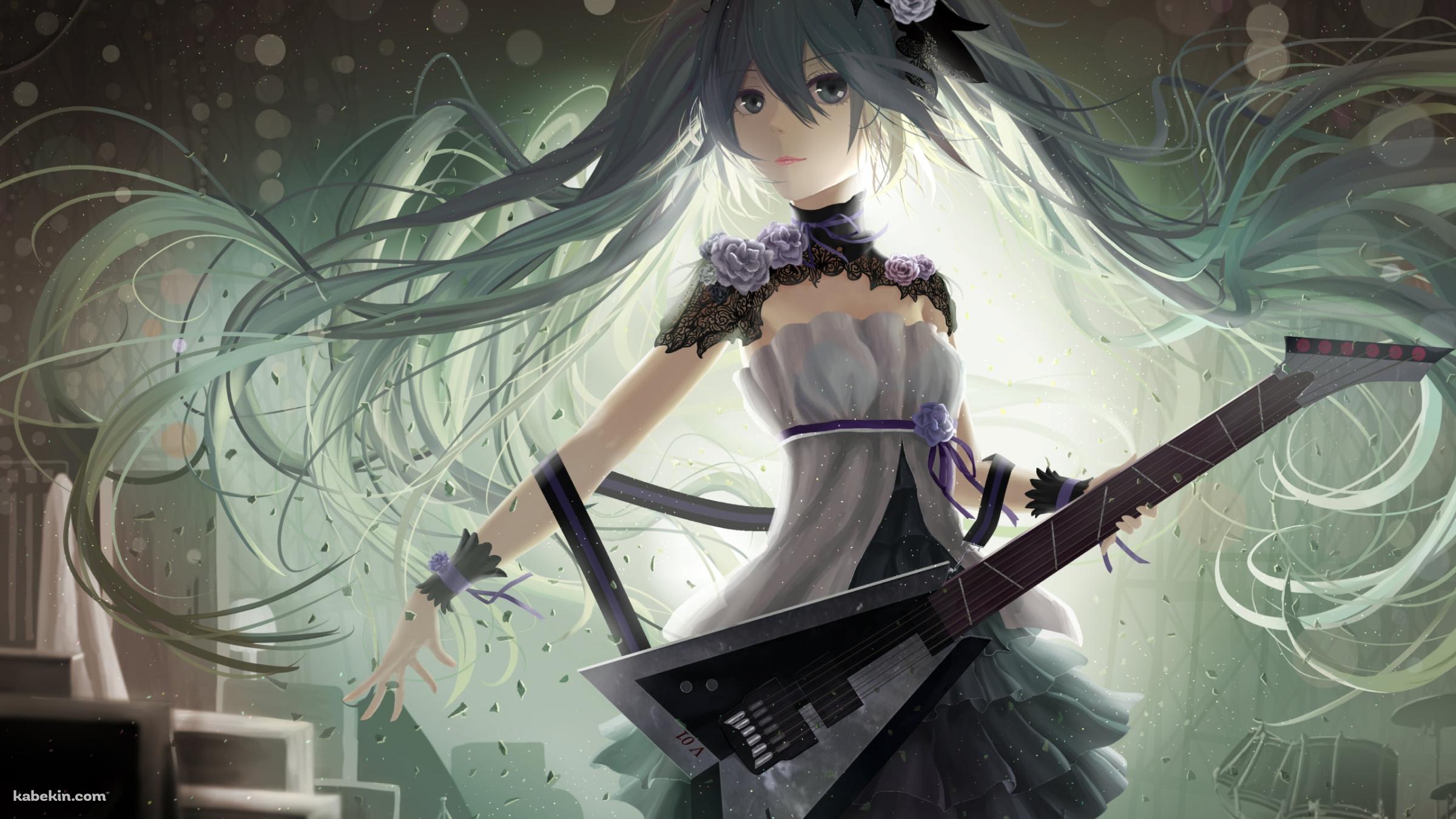 エレキギターを持つ初音ミク / 薔薇の髪飾り / ボカロの壁紙(2400px x 1350px) 高画質 PC・デスクトップ用