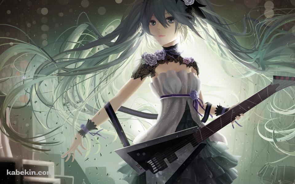 エレキギターを持つ初音ミク / 薔薇の髪飾り / ボカロの壁紙(960px x 600px) 高画質 PC・デスクトップ用