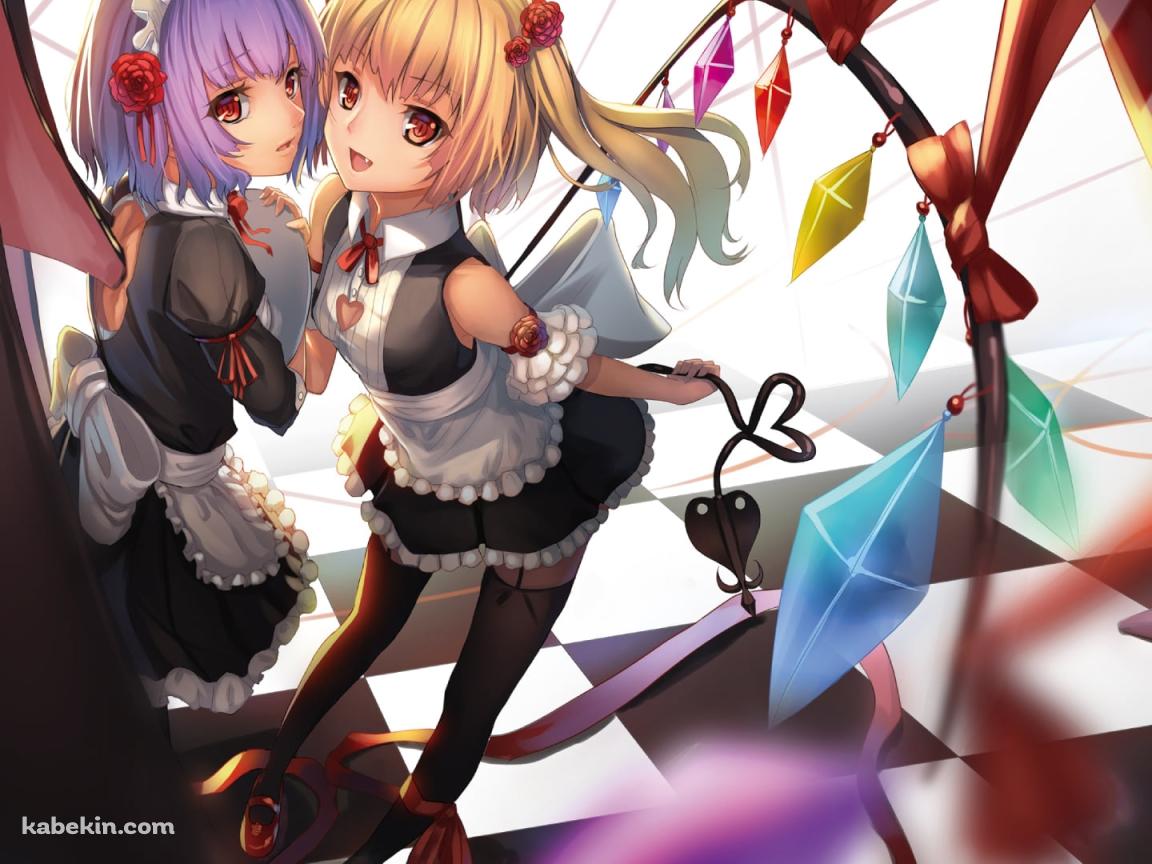 黒と白のタイル状の床に立つメイド姿のレミリア・スカーレット / フランドール・スカーレット / 東方の壁紙(1152px x 864px) 高画質 PC・デスクトップ用