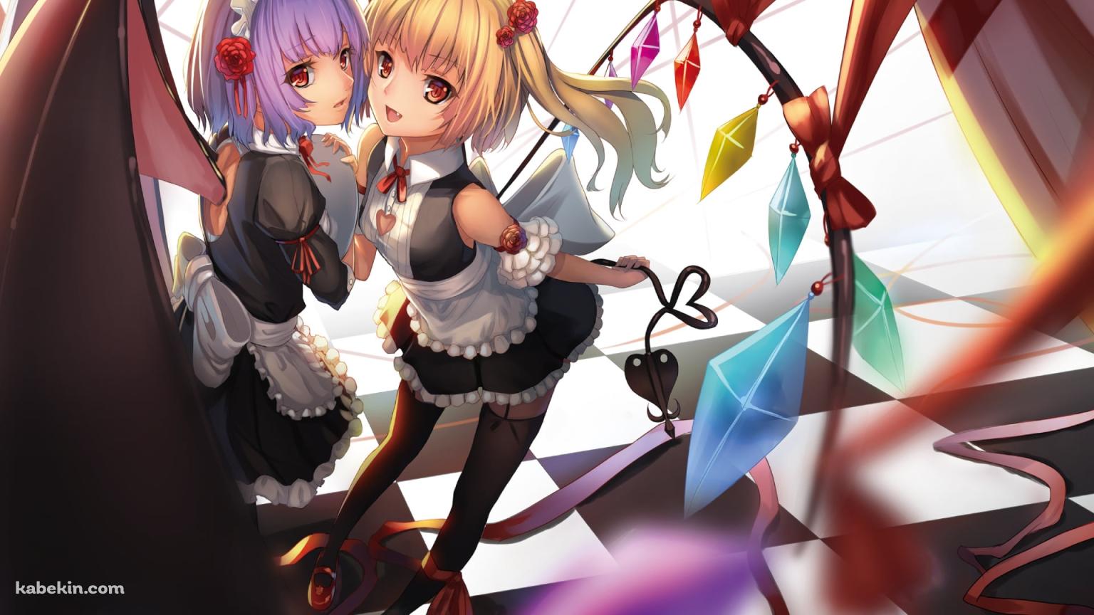 黒と白のタイル状の床に立つメイド姿のレミリア・スカーレット / フランドール・スカーレット / 東方の壁紙(1536px x 864px) 高画質 PC・デスクトップ用