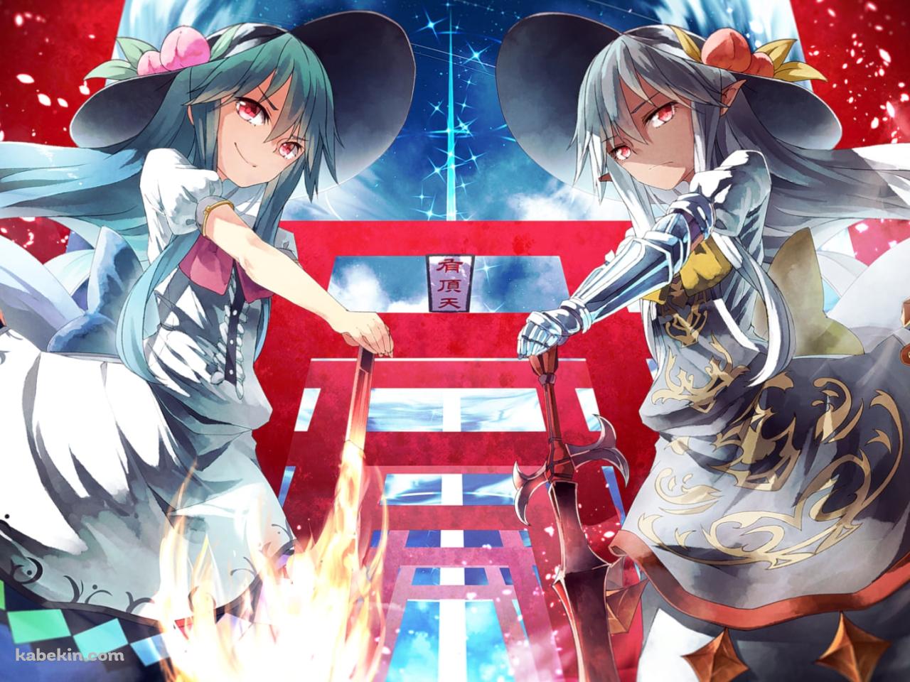 立ち並ぶ赤い鳥居の前に立つ比那名居天子 / 東方の壁紙(1280px x 960px) 高画質 PC・デスクトップ用