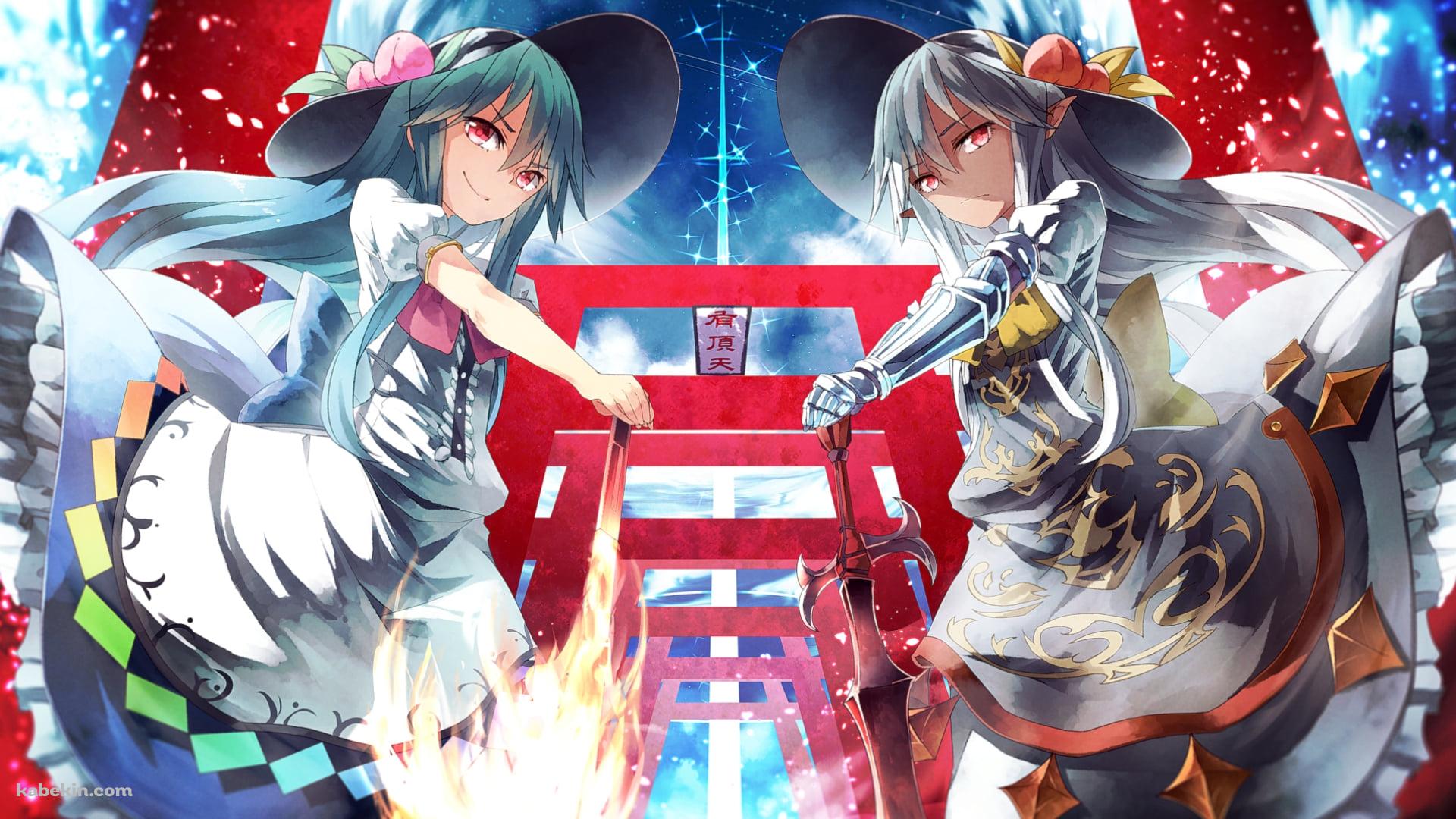 立ち並ぶ赤い鳥居の前に立つ比那名居天子 / 東方の壁紙(1920px x 1080px) 高画質 PC・デスクトップ用