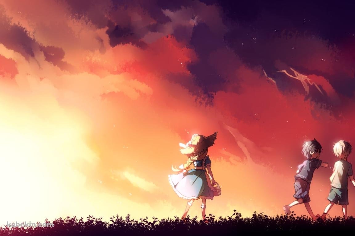 夕暮れ時、草原を歩くキリアスとユージオとアリス・シンセシス・サーティ / SAO / ソードアートオンラインの壁紙(1152px x 768px) 高画質 PC・デスクトップ用