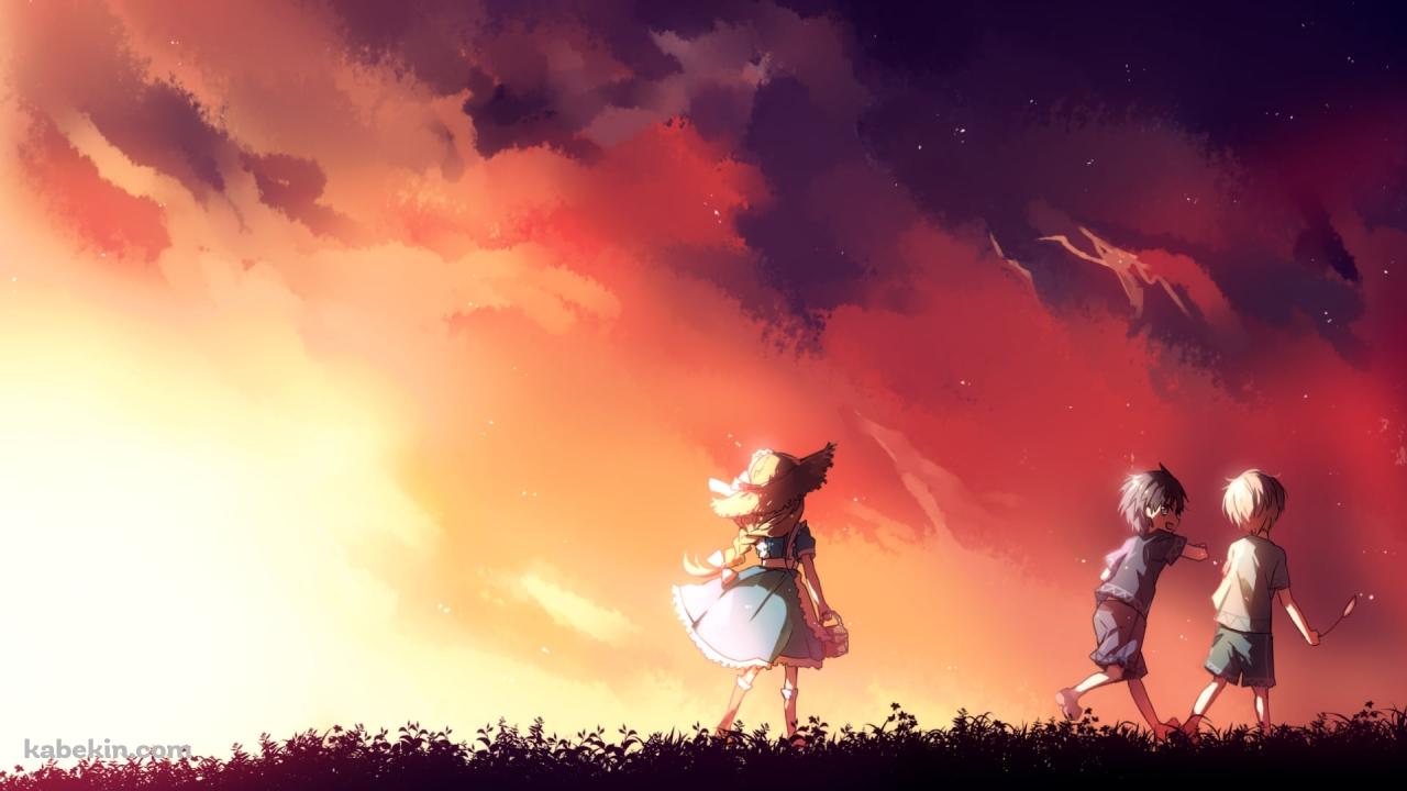 夕暮れ時、草原を歩くキリアスとユージオとアリス・シンセシス・サーティ / SAO / ソードアートオンラインの壁紙(1280px x 720px) 高画質 PC・デスクトップ用