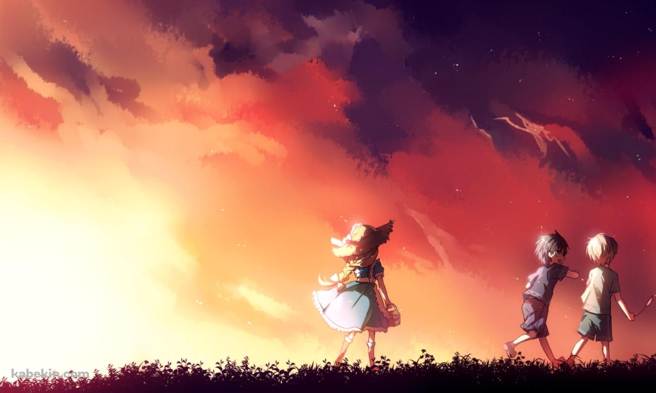 夕暮れ時、草原を歩くキリアスとユージオとアリス・シンセシス・サーティ / SAO / ソードアートオンラインの壁紙(1280px x 768px) 高画質 PC・デスクトップ用