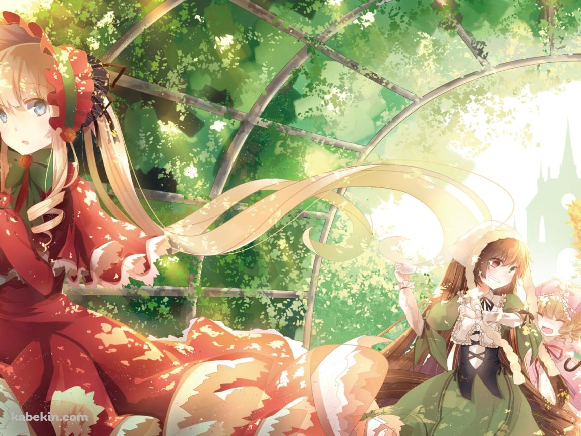 緑の草のアーチと真紅・雛苺・金糸雀・翠星石 / ローゼンメイデンの壁紙(1152px x 864px) 高画質 PC・デスクトップ用