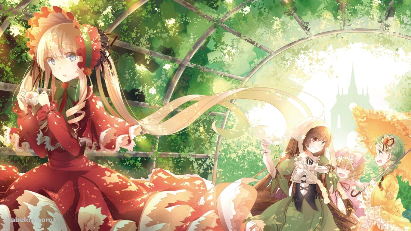 緑の草のアーチと真紅・雛苺・金糸雀・翠星石 / ローゼンメイデンの壁紙(1366px x 768px) 高画質 PC・デスクトップ用