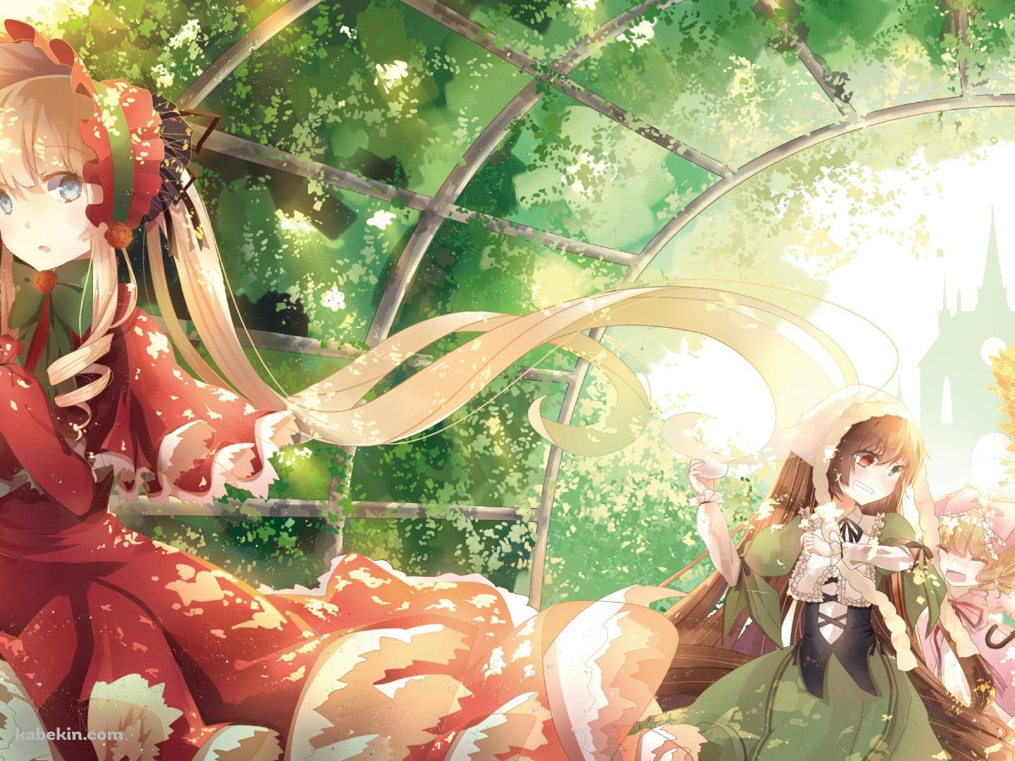 緑の草のアーチと真紅・雛苺・金糸雀・翠星石 / ローゼンメイデンの壁紙(1440px x 1080px) 高画質 PC・デスクトップ用