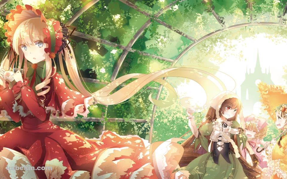 緑の草のアーチと真紅・雛苺・金糸雀・翠星石 / ローゼンメイデンの壁紙(960px x 600px) 高画質 PC・デスクトップ用