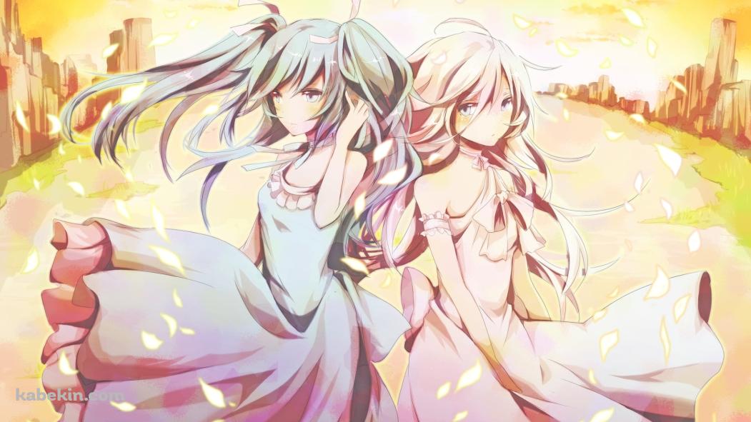 夕暮れ時、並び立つ初音ミクとイア / ボーカロイドの壁紙(1051px x 591px) 高画質 PC・デスクトップ用