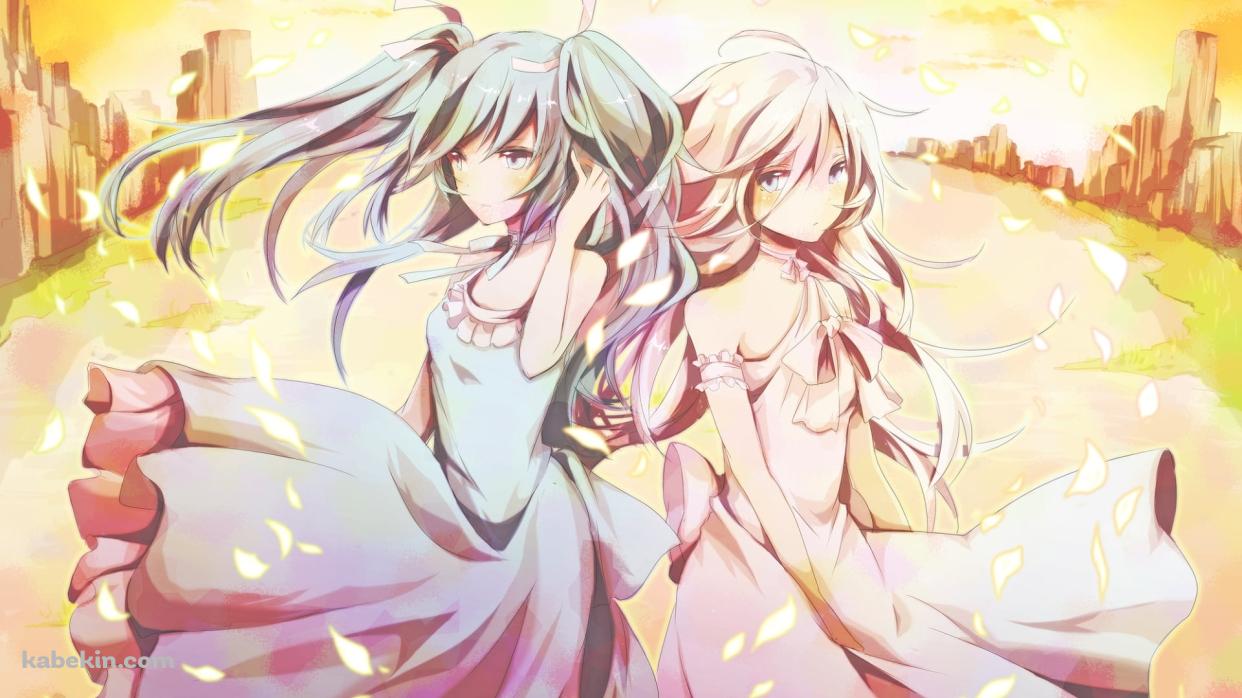 夕暮れ時、並び立つ初音ミクとイア / ボーカロイドの壁紙(1242px x 698px) 高画質 PC・デスクトップ用