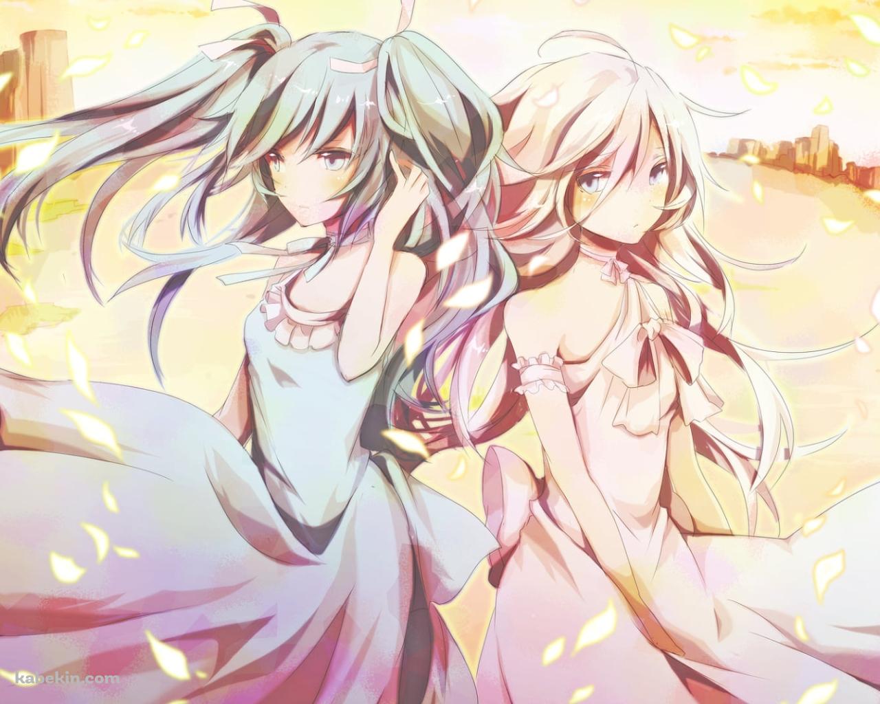 夕暮れ時、並び立つ初音ミクとイア / ボーカロイドの壁紙(1280px x 1024px) 高画質 PC・デスクトップ用