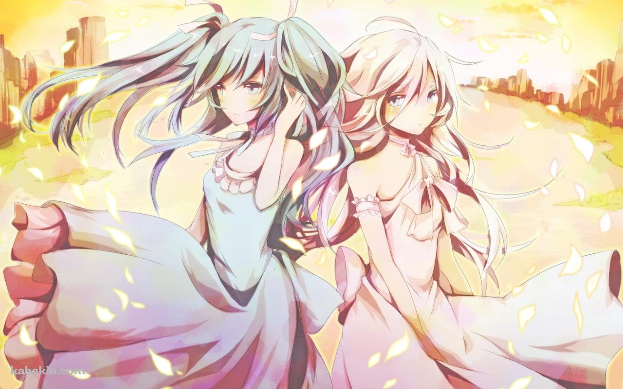 夕暮れ時、並び立つ初音ミクとイア / ボーカロイドの壁紙(1280px x 800px) 高画質 PC・デスクトップ用