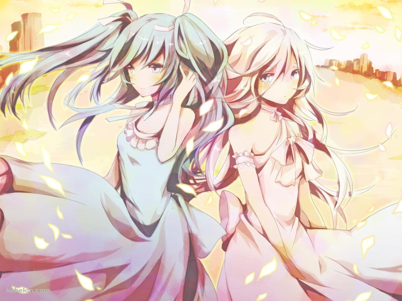 夕暮れ時、並び立つ初音ミクとイア / ボーカロイドの壁紙(1400px x 1050px) 高画質 PC・デスクトップ用