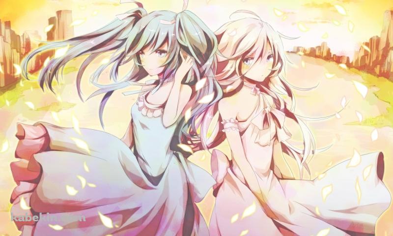 夕暮れ時、並び立つ初音ミクとイア / ボーカロイドの壁紙(800px x 480px) 高画質 PC・デスクトップ用