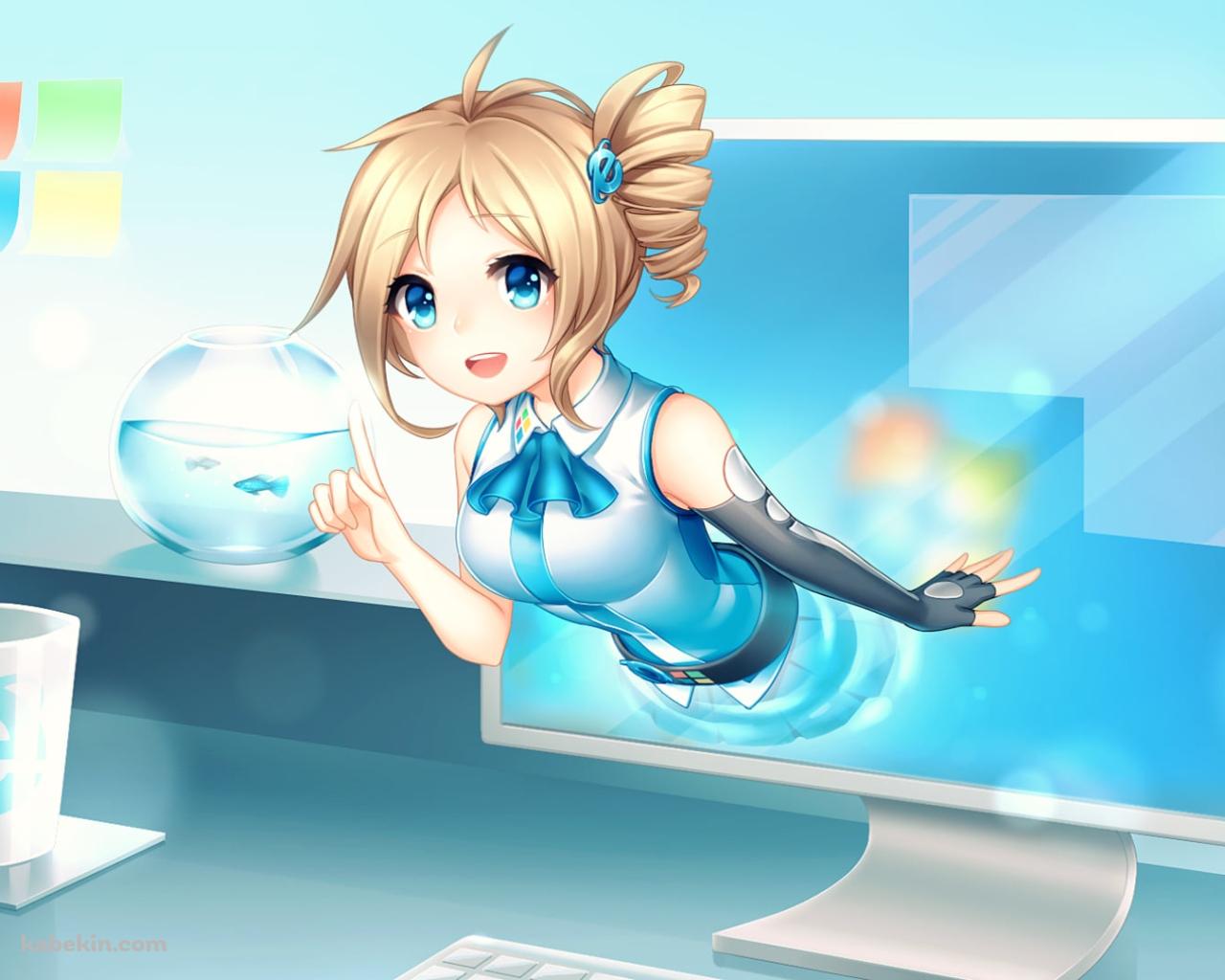 PCモニターから飛び出る藍澤祈 / Internet Explorer / OSたん / 擬人化の壁紙(1280px x 1024px) 高画質 PC・デスクトップ用