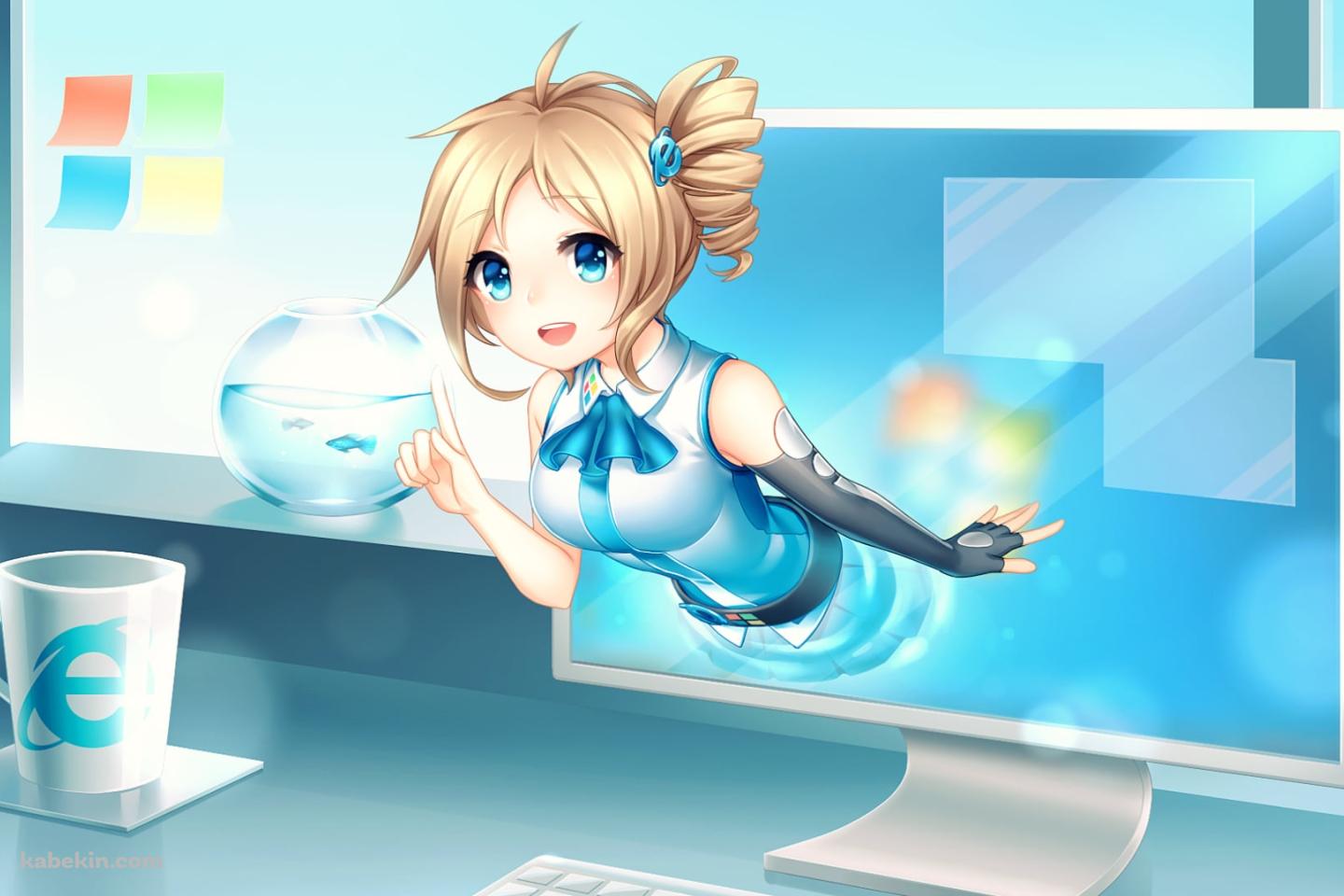 PCモニターから飛び出る藍澤祈 / Internet Explorer / OSたん / 擬人化の壁紙(1440px x 960px) 高画質 PC・デスクトップ用