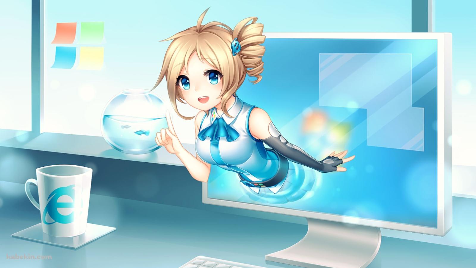 PCモニターから飛び出る藍澤祈 / Internet Explorer / OSたん / 擬人化の壁紙(1600px x 900px) 高画質 PC・デスクトップ用