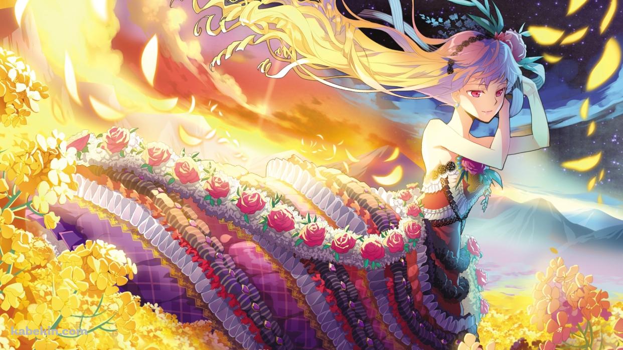 黄色い花畑に佇むシニア・パシフィカ / ソードガールズの壁紙(1242px x 698px) 高画質 PC・デスクトップ用