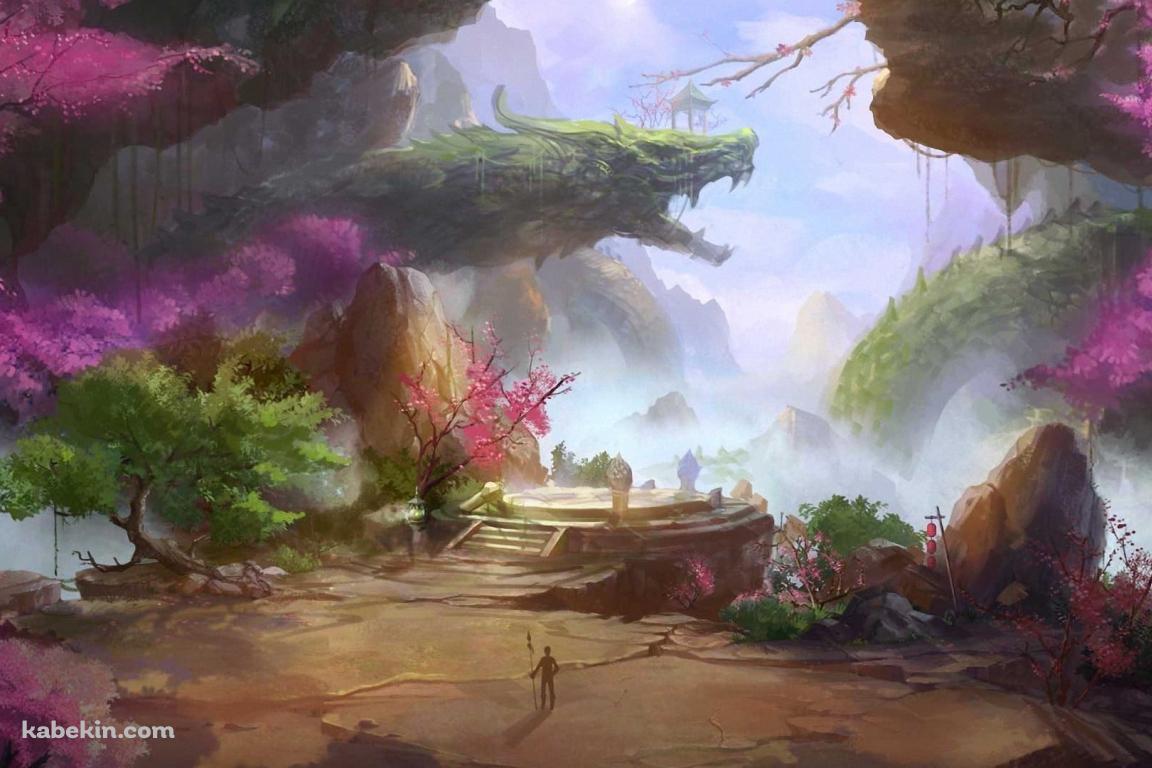 緑のドラゴン / 槍を持つ人 / 桃源郷の壁紙(1152px x 768px) 高画質 PC・デスクトップ用