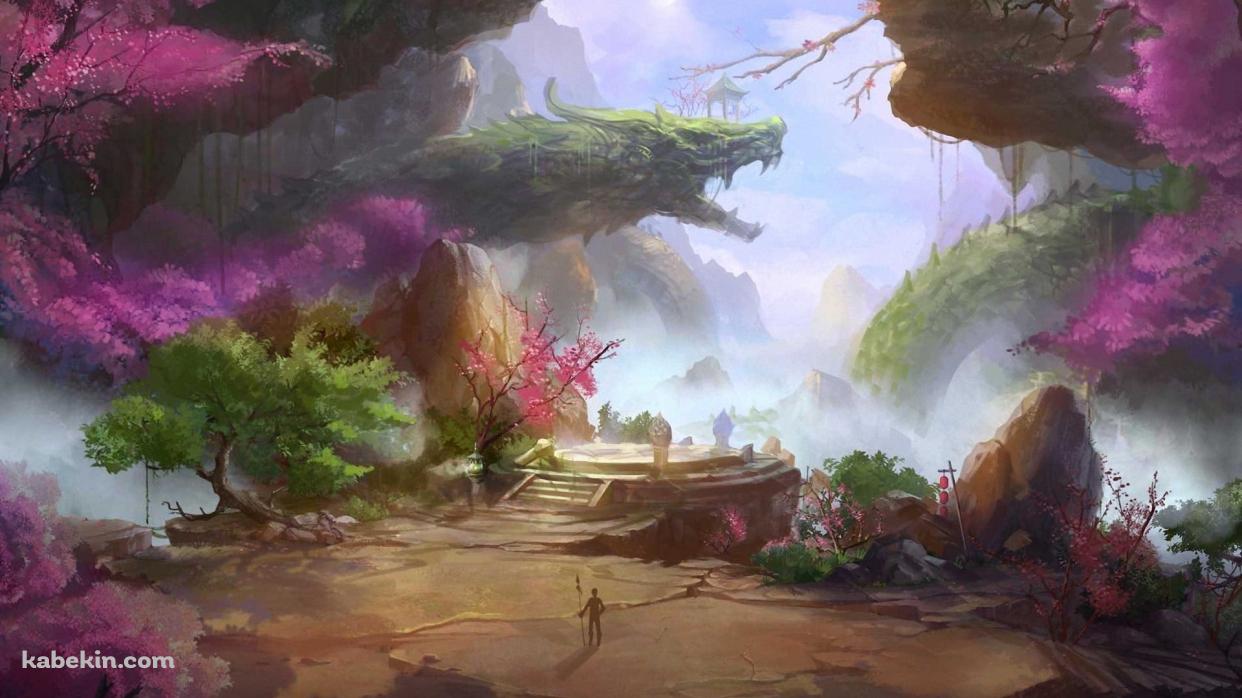 緑のドラゴン / 槍を持つ人 / 桃源郷の壁紙(1242px x 698px) 高画質 PC・デスクトップ用